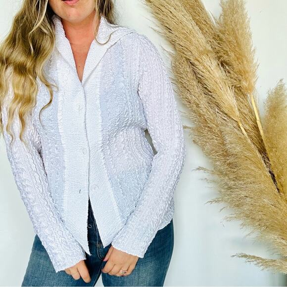 VINTAGE White Textured Long Sleeve Clear Button Down Blouse Shirt Sweater Top S - Picture 2 of 9